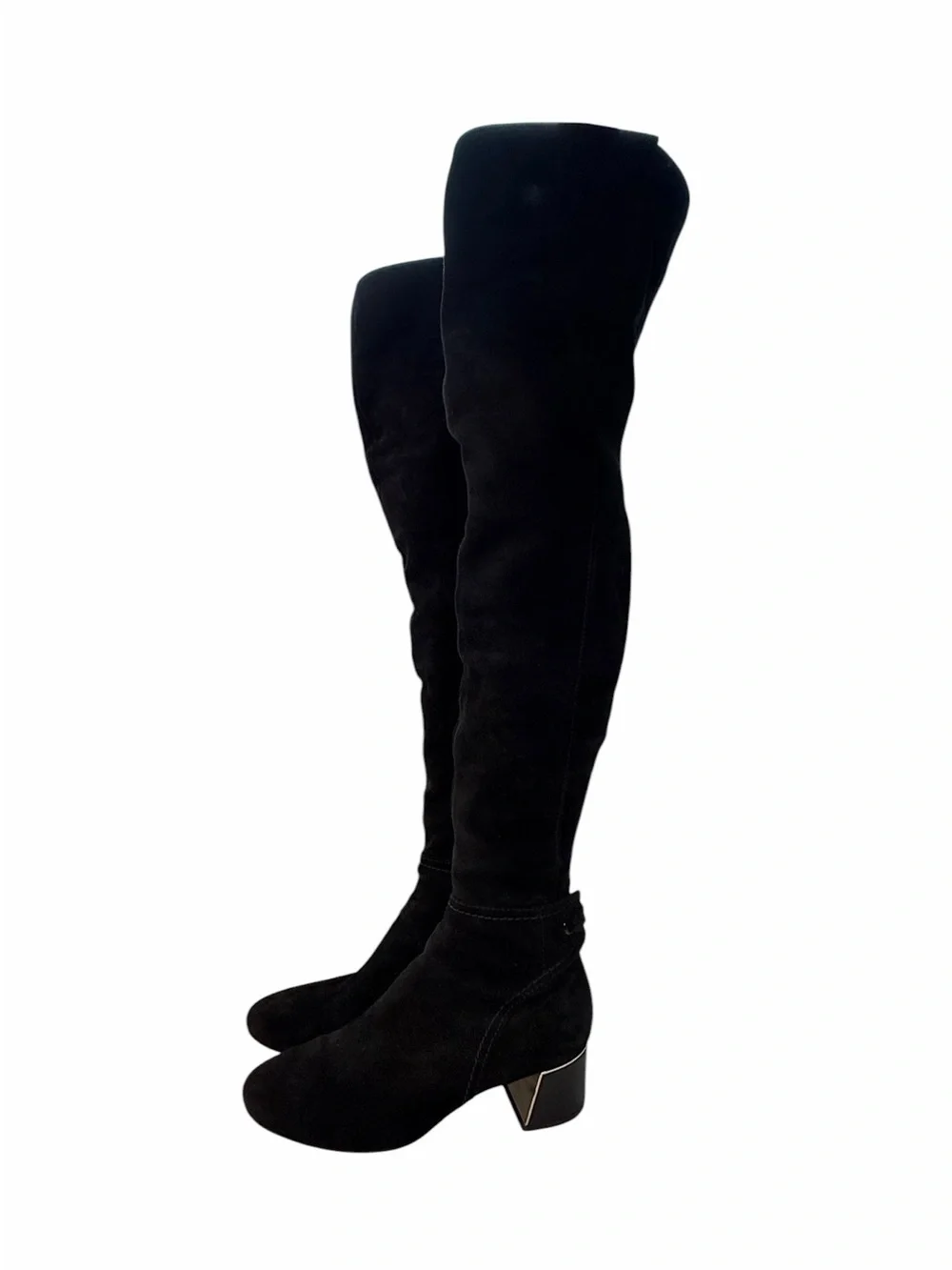 Tory Burch Black Suede leather Over The Knee Boots Gold Logo Block Heel 7.5